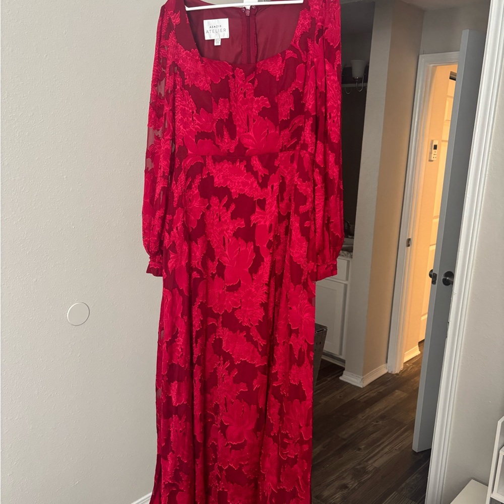 Azazie Long Sleeve Red Floral Dress